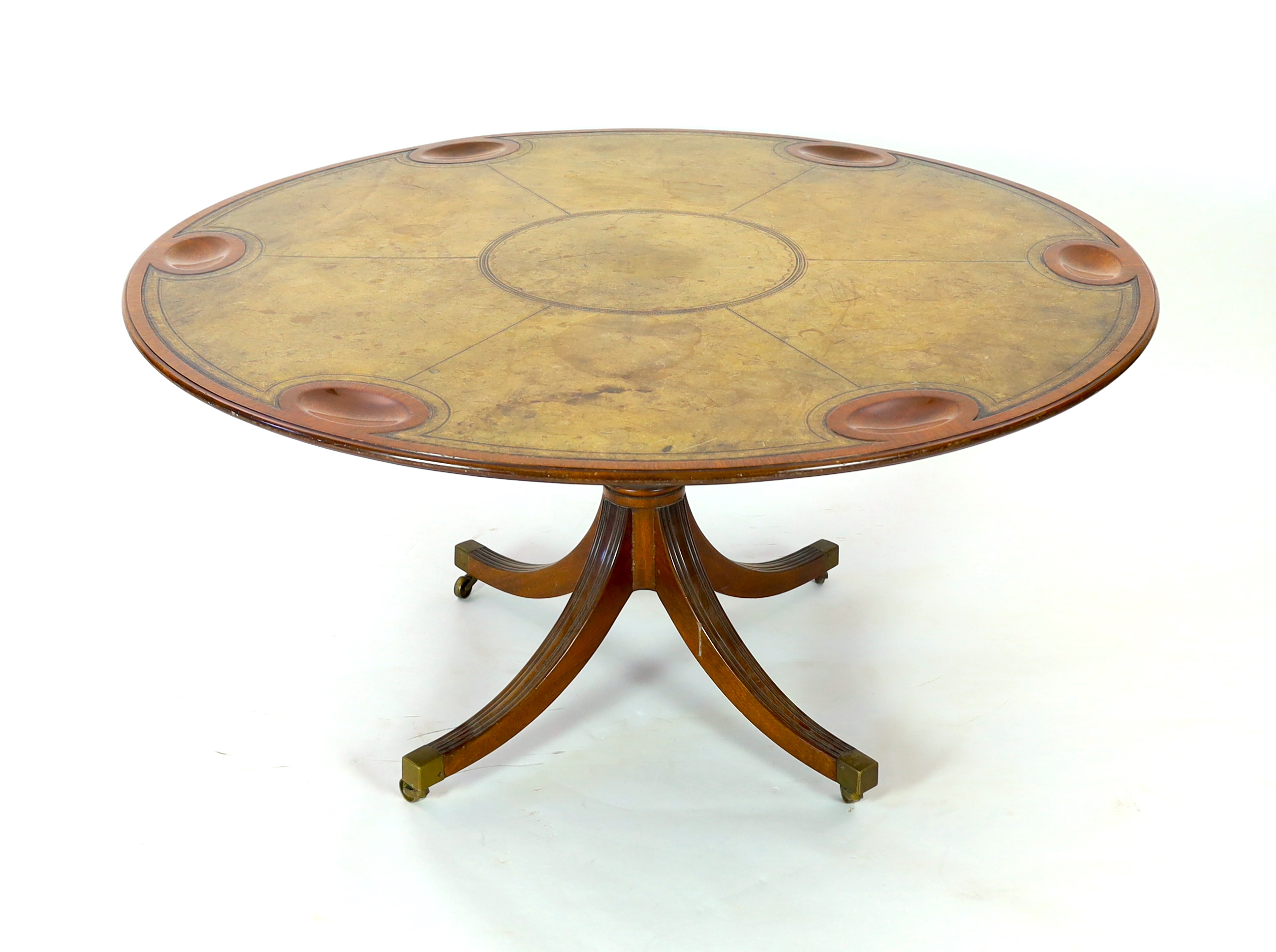 A Regency style mahogany gaming table, 146cm diameter, 75cm high